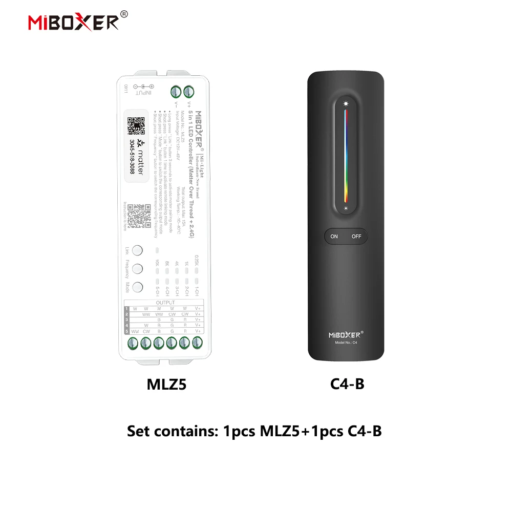 Miboxer MLZ5+C4 DC12-48V 5in1 Matter Over Thread+2.4GHz Tuya APP WIFI Controller Single/Double Color RGBW RGBCCT LED Strip Light