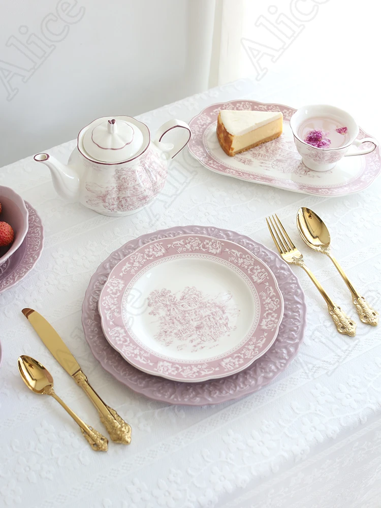 French Purple Neverland Ceramic Plates and Bowls Vintage Relief Pasta Dinner Plates Rice Bowl Serving Tray Nordic Home Tableware