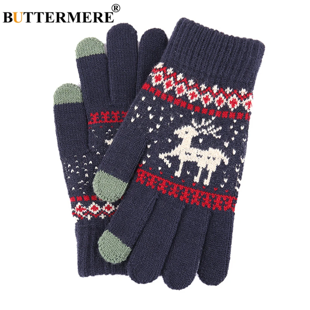 BUTTERMERE Knitting White Gloves Women Men Touch Screen Deer Pattern Christmas Warm Male Female Glove Fashion Guantes