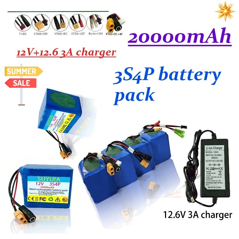 

12V battery 20000mAh actual capacity 3S4P XT60+DC 18650 Li-ion battery pack 20Ah suitable for 12.6V BMS 3A charger