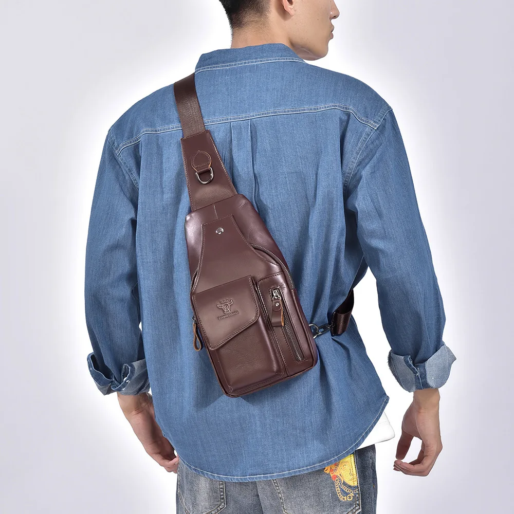 

Рюкзак из коровьей кожи, мужская кожаная нагрудная сумка, большая вместимость, слинг на одно плечо, перед подвесной сумкой в стиле ретро