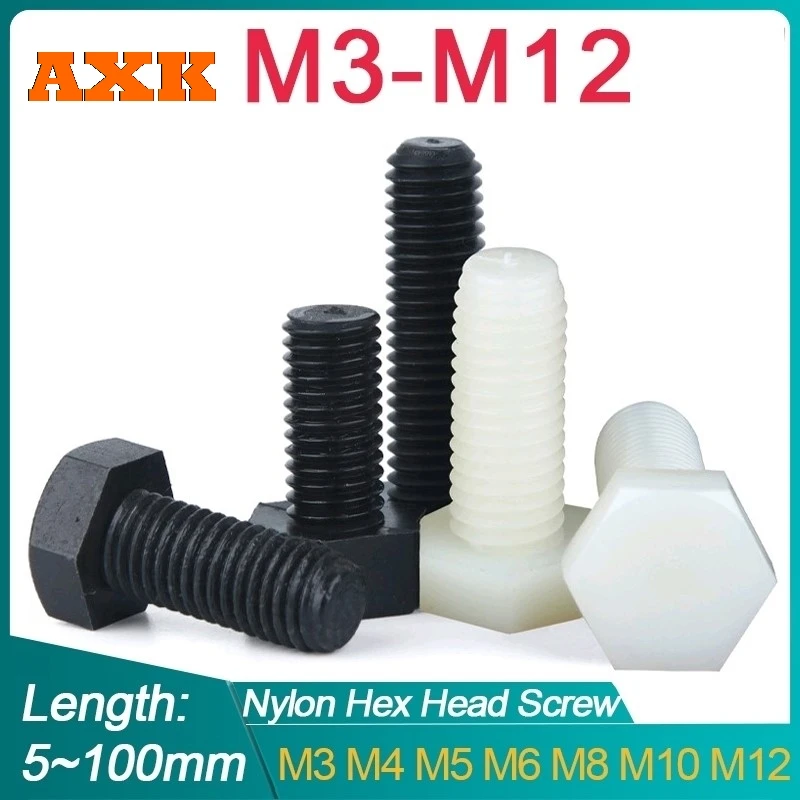 Black/ White Nylon External Hex Head Screws Plastic Hexagon Bolts M3 M4 M5 M6 M8 M10 M12 for Heat/ Electricity Insulation USE