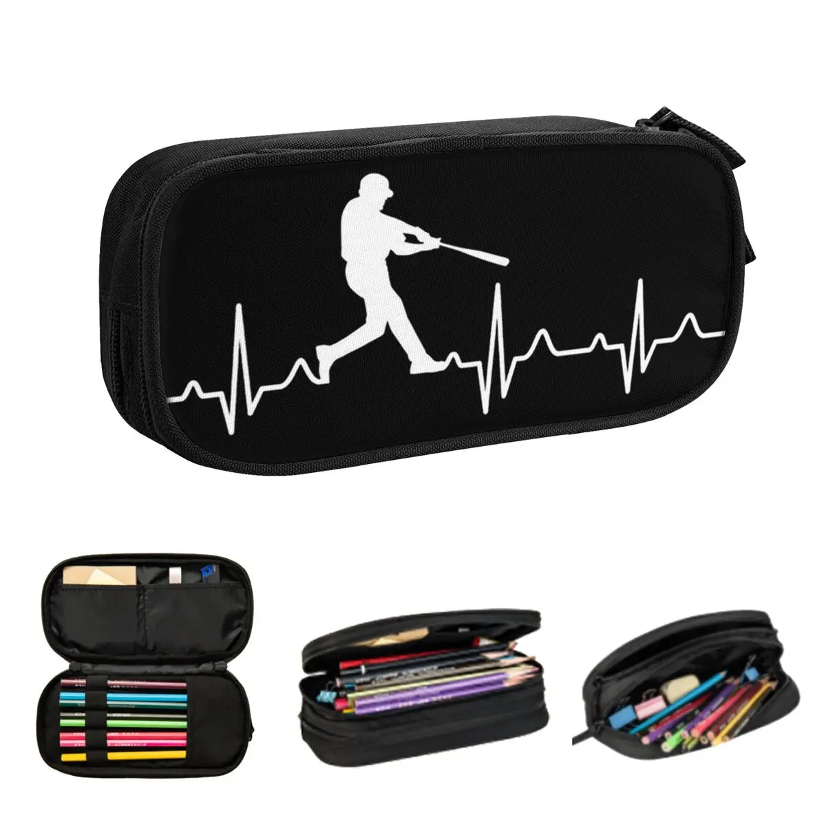 jogador de beisebol batimento cardiaco lapis cases grande capacidade caneta bolsas caixa de caneta bolsa de lapis para meninos meninas estudantes papelaria escola 01