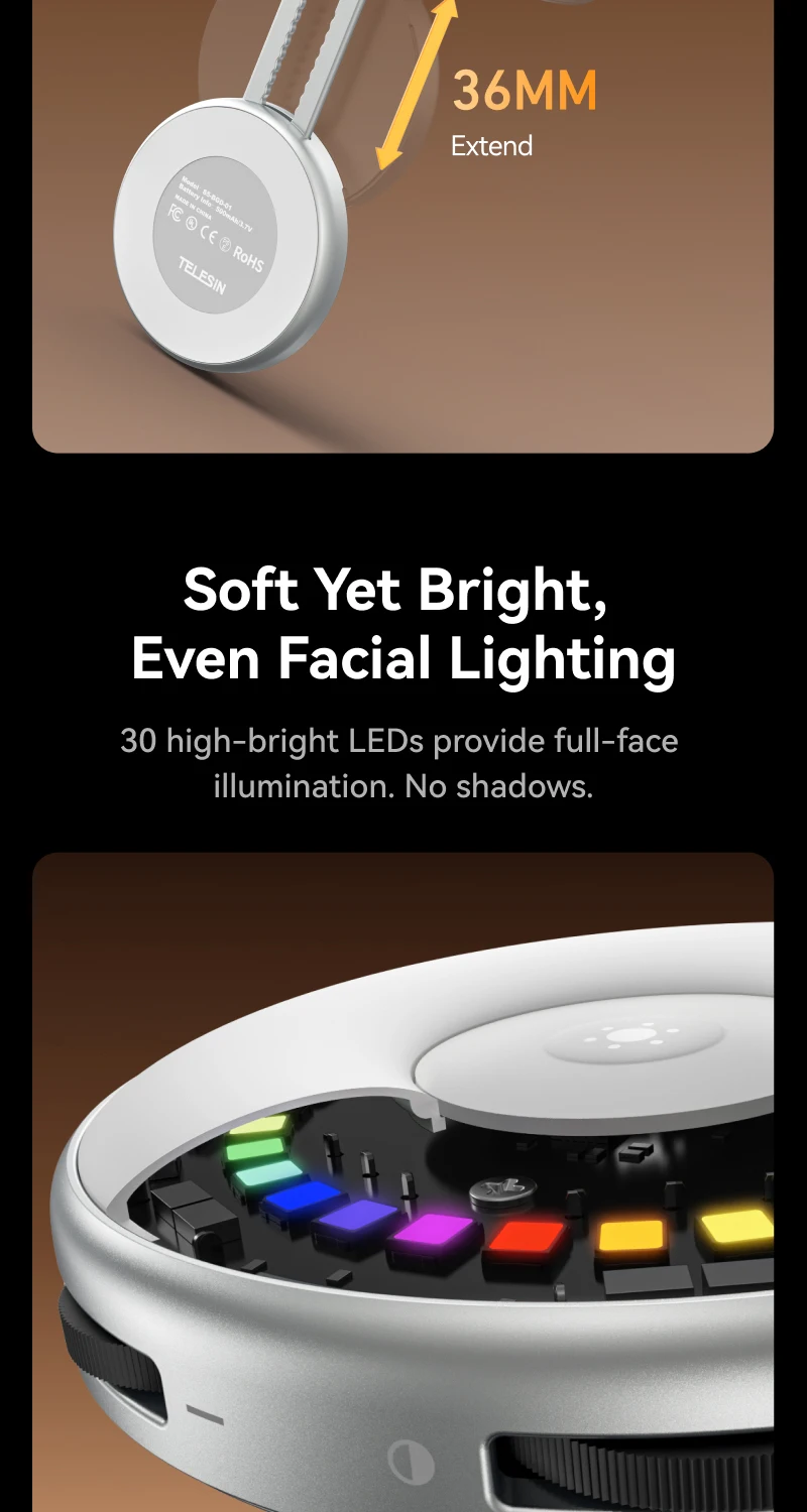 TELESIN Magnetisch 360° ° Rotierendes RGB-Füllicht Mini-Selfie-Licht 3 Modi Einstellbare Farbe und Helligkeit für Smartphone iPhone Android – Detail 10