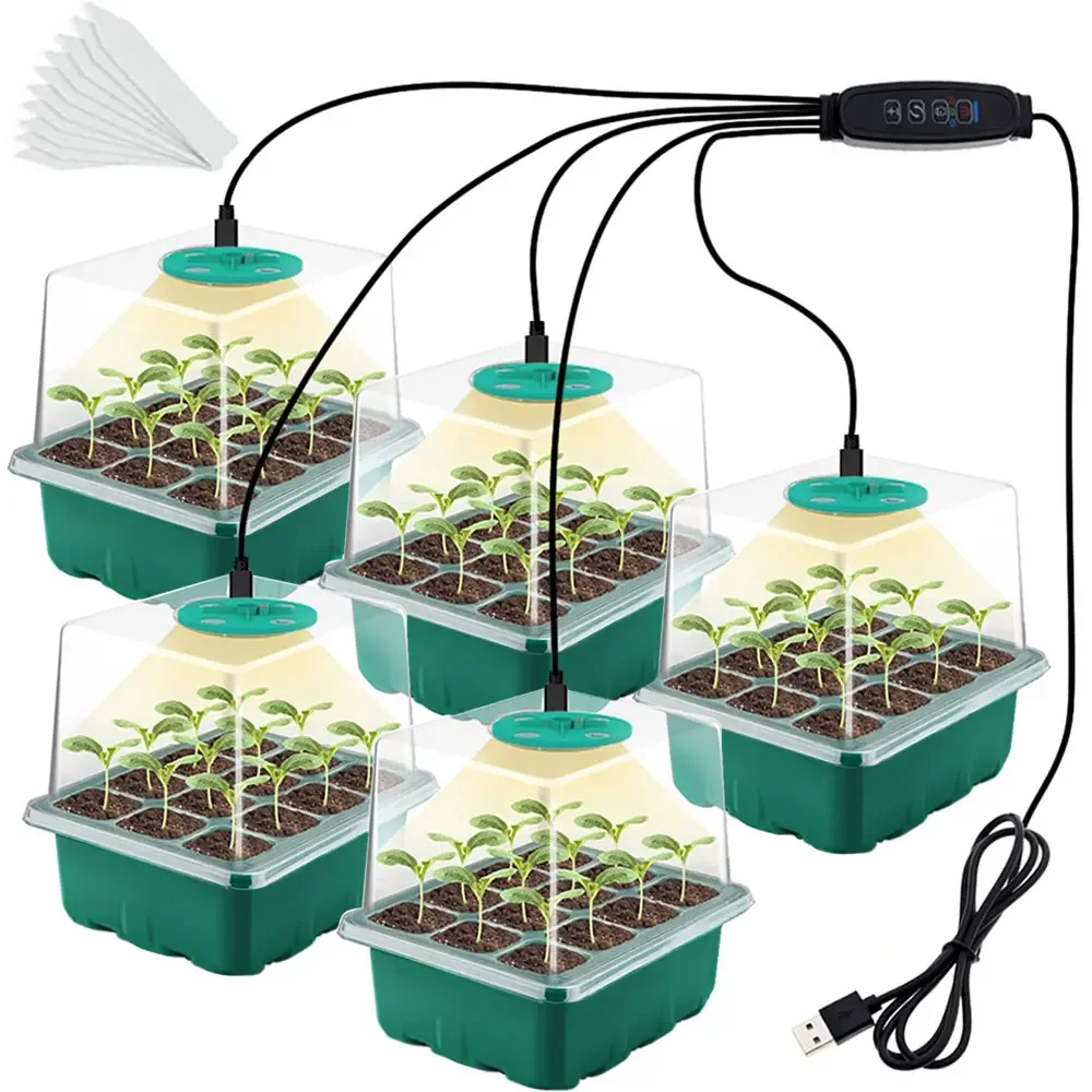 5PCS Full Spectrum LED Grow Light with Seedling Tray Plant Seed Starter Trays, Greenhouse Growing Trays with Holes 60 Cell Tray