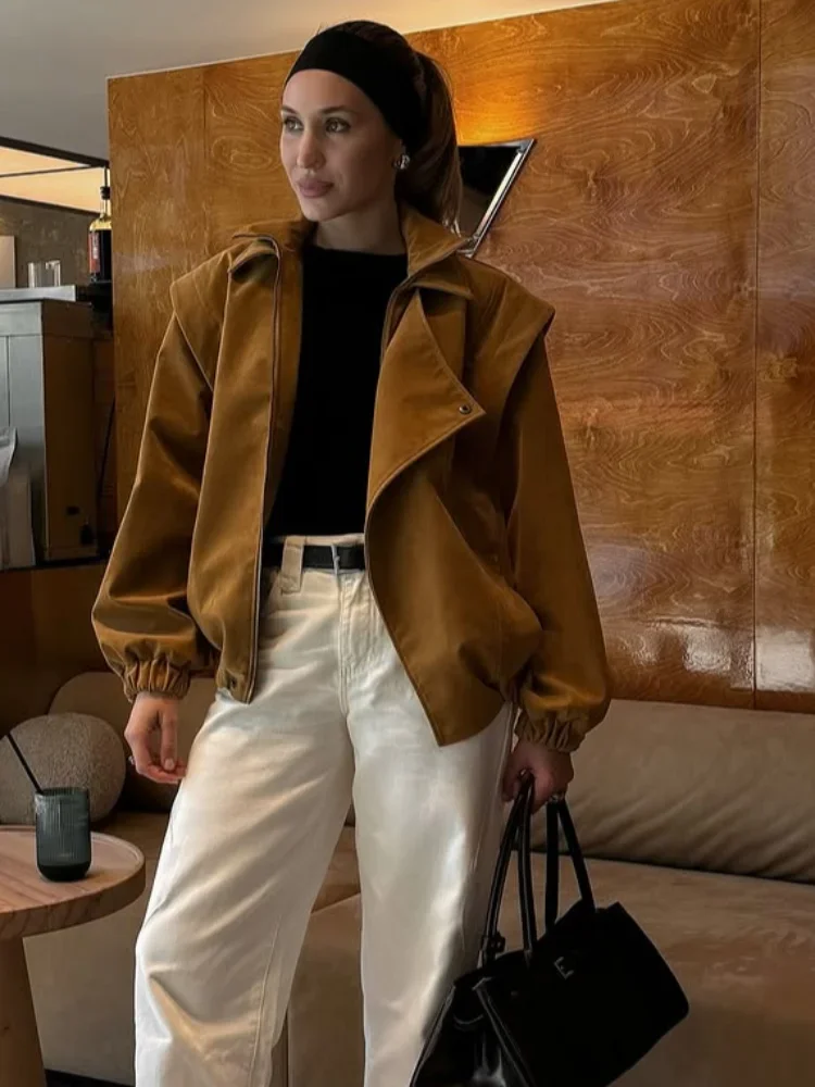 Giacca casual in tessuto scamosciato con cerniera raglan da donna Chic bavero manica intera tasca cappotto corto allentato Lady nuovo autunno quotidiano streetwear