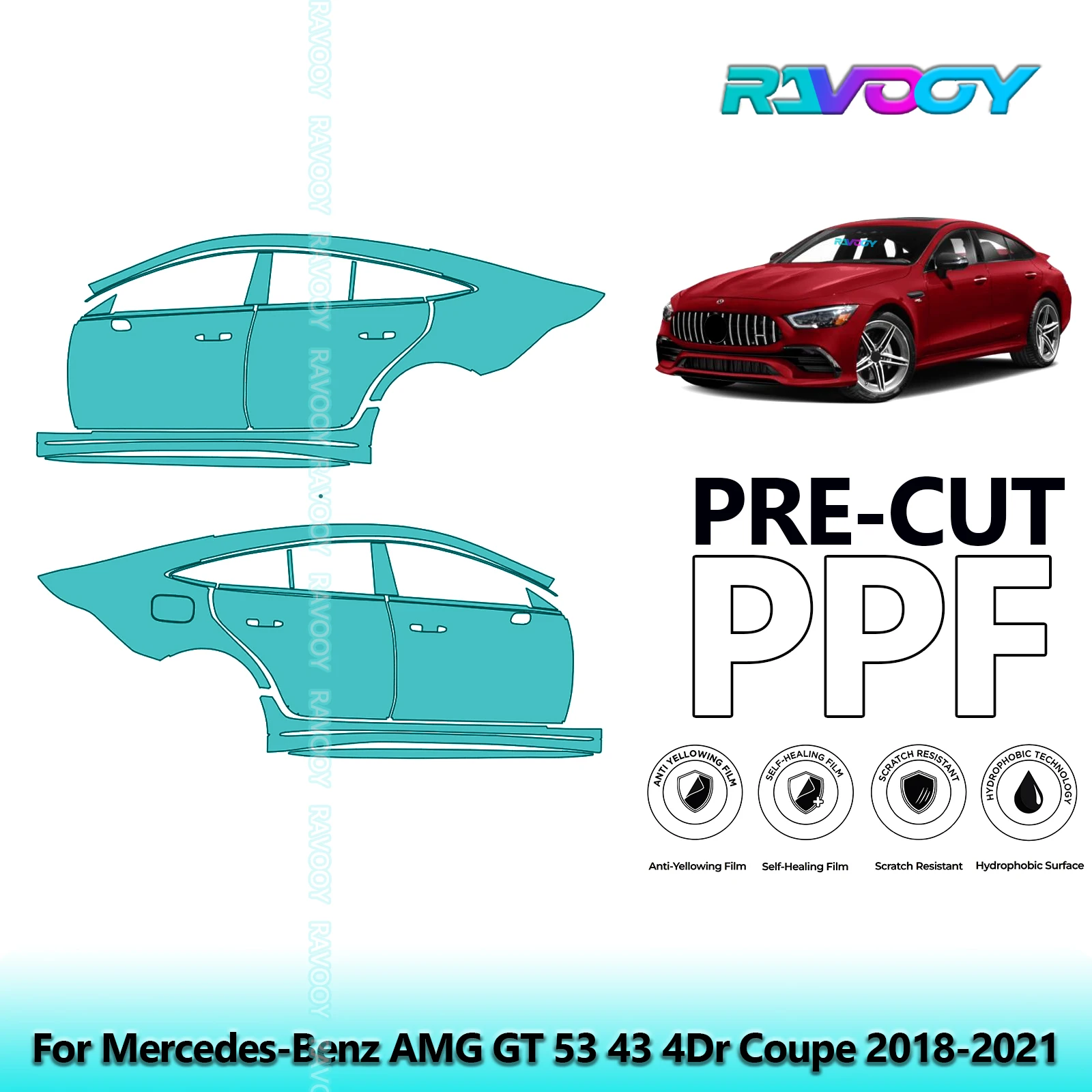 

For Mercedes-Benz AMG GT 53 43 4Dr Coupe 2018-2021 8.5mil Pre-Cut PPF Door & A/B Pillar Kit TPU Paint Protection Film Set