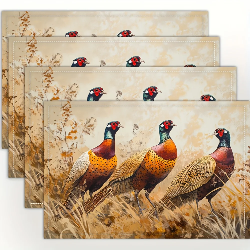 Pheasant Wildlife Scene Placemats Linen Fabric Country Style Table Mats Rustic Kitchen Decor Hunting Themed Dining Protectors