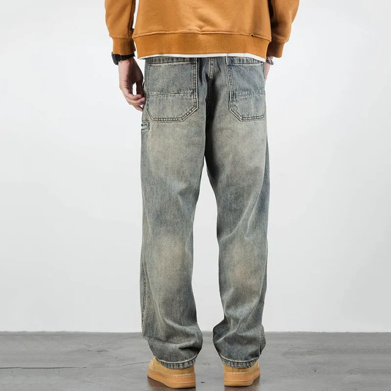 American Casual Men Yellow Mud Dyed Jeans Spring Autumn Vintage Oversize Pants Streetwear Fashion Baggy Straight Wide Trousers