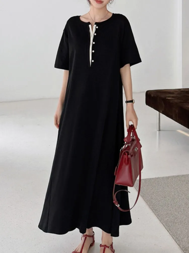 وهمية قطعتين الصيف فضفاض تي شيرت حجم كبير فساتين طويلة رداء Elbise قصيرة الأكمام المرأة الكورية ألف خط السيدات فساتين متوسطة الطول