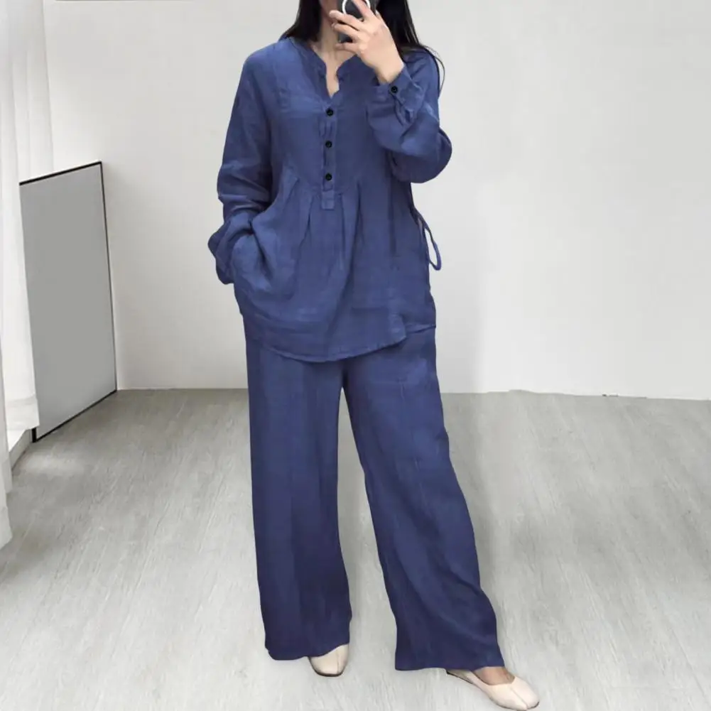 Women Solid Color Suit Set Shirt Pants Set 2 Pcs Women Tracksuit Set Long Sleeve Half-open Neck Top Elastic Waist Wide for Fall