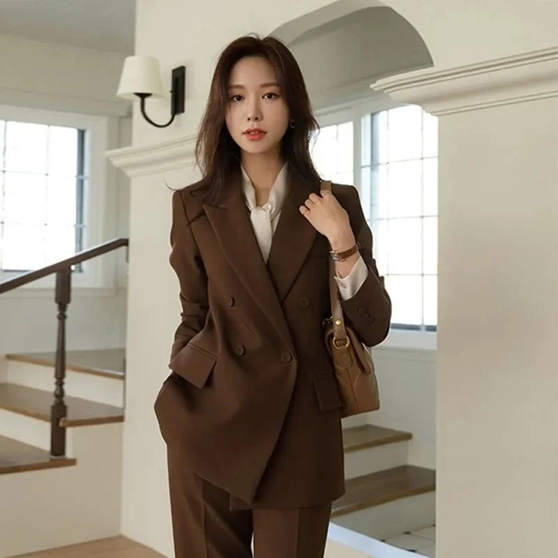 Office Ladies Women Suits Office Sets 2025 Turn Down Collar Double Breasted Long Sleeve Blazer Solid Harem Pant Suits