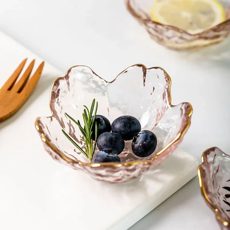 3pcs Cherry Blossom Sauce Dishes Small Glass Dish Sauce Bowl Nodic Gold Inlay Ice Cream Small Dinner Plates Kitchen Supplies