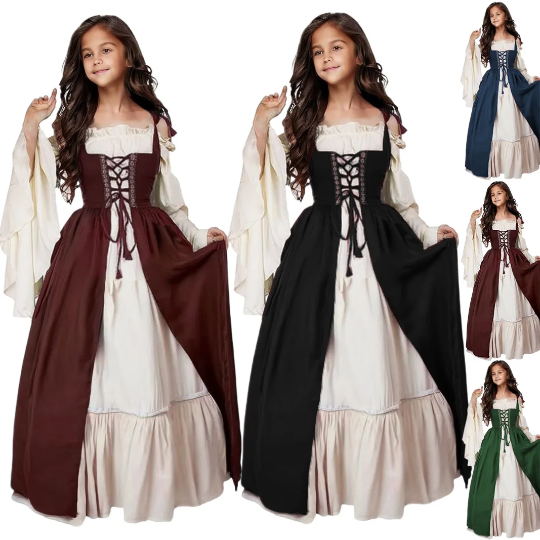 

Halloween Costume Medieval Renaissance Dress for Kids Square Neck Corset Lace Vintage Baroque Fairy Tale Party Outfit