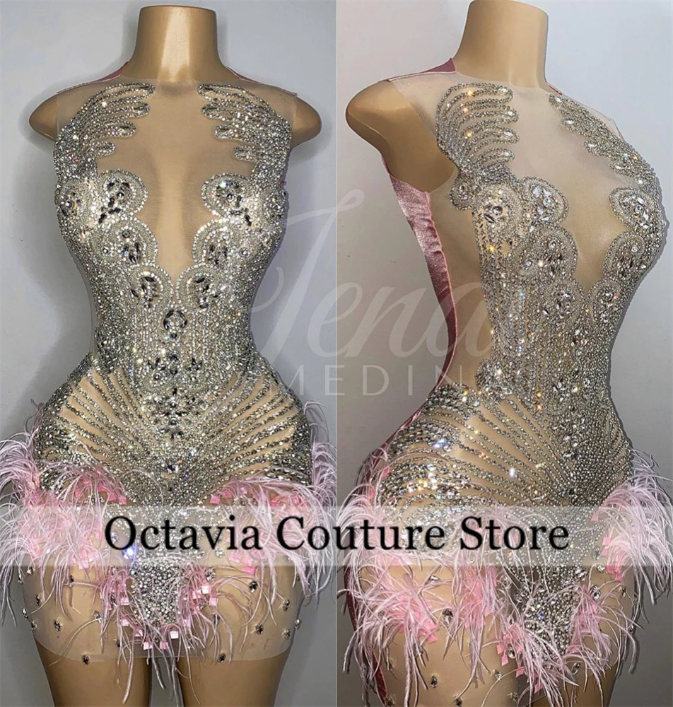 Pink O N Short Prom Dresses For Black Girls Bead Crystal 2024 Birthday Luxury Dress Feather Mini Cocktail Homecoming Customzied