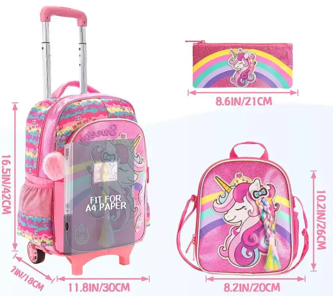 School wheeled Backpack Set 4 pcs / set Lunch bag Pen Bag Children's Travel luggage Bag School Wheeled Rolling Bag for Girls