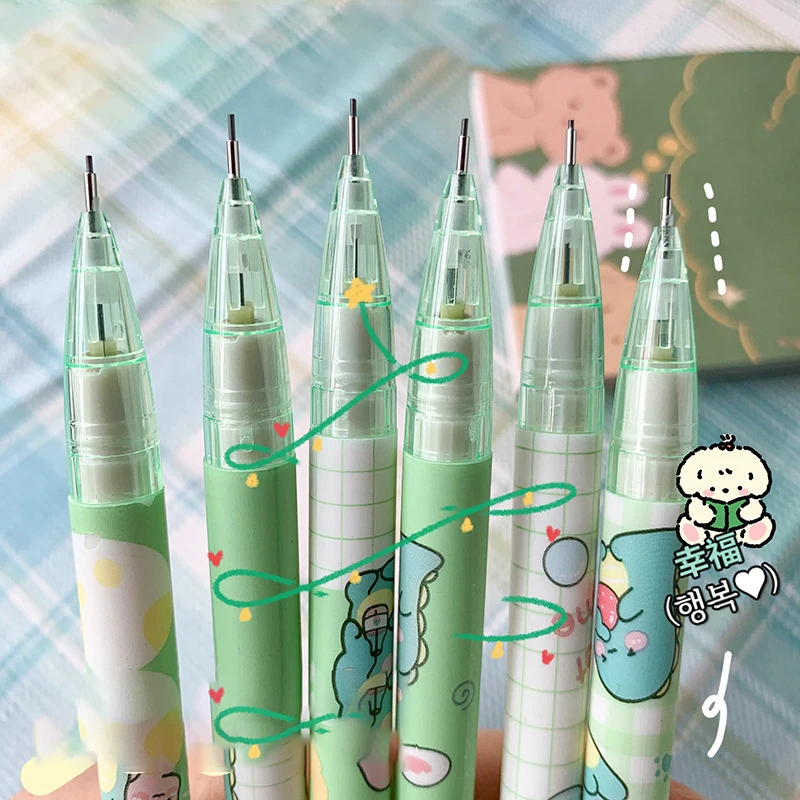 Pensil mekanik dinosaurus persik lucu, alat tulis Korea pensil otomatis Kawaii dengan timah isi ulang