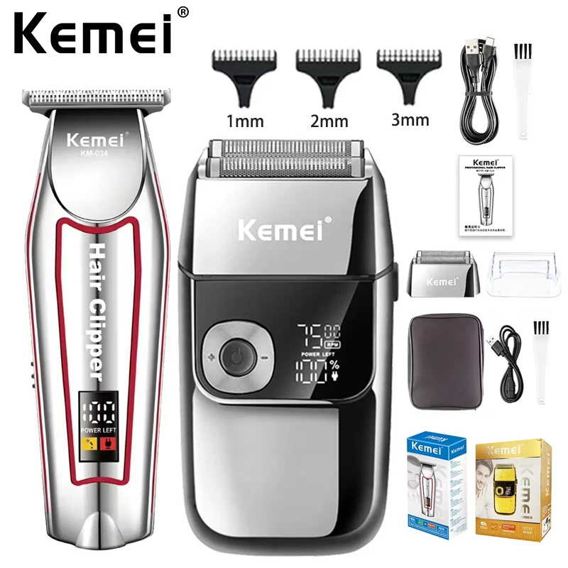 

Kemei KM-034 Перезаряжаемая машинка для стрижки волос Беспроводной триммер для волос KM-2028 Серебристая электрическая мужская бритва Триммер для бороды Набор машинок для стрижки волос