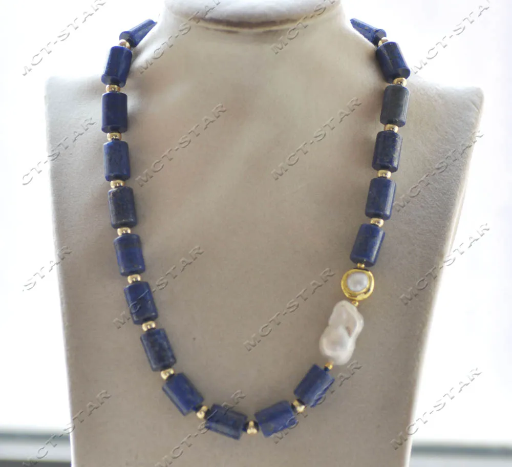 MTC·STAR  Z12943 19'' 25mm Blue Cylinder Lapis Lazuli White Keshi Pearl Necklace