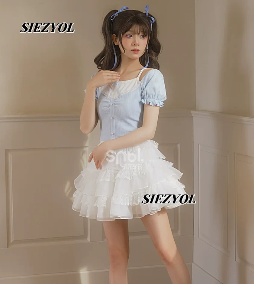 White Layer Elastic High Waist A- Line Short Skirt Summer New Fashion Versatile Sweet Cute Girls Lace Cake Gauze Mini Skirts