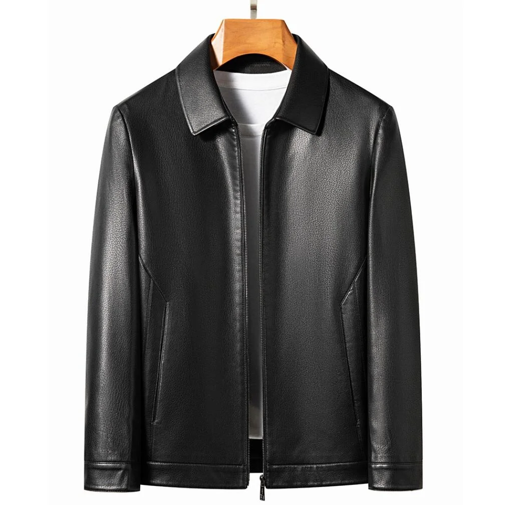 Spring and Autumn Men's high-end Faux Leather Sheepskin Polo Mock Neck Jacket Fashion Slim Leather Coat Black Grey Jacket