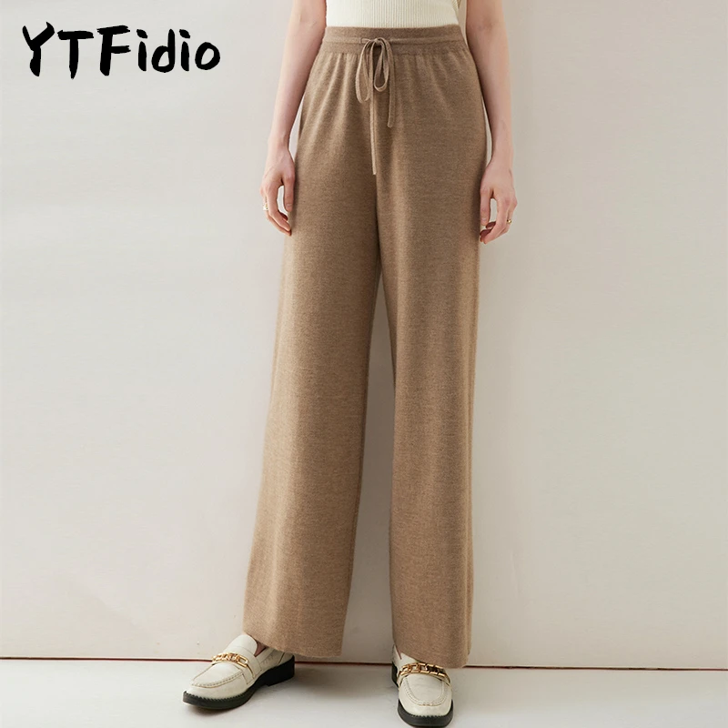 YTFidio 100% Cashmere Women Thickened Wide Leg Pants Ladies High Waist Wide Leg Pants Casual Knitted Trousers Loose Pants 56