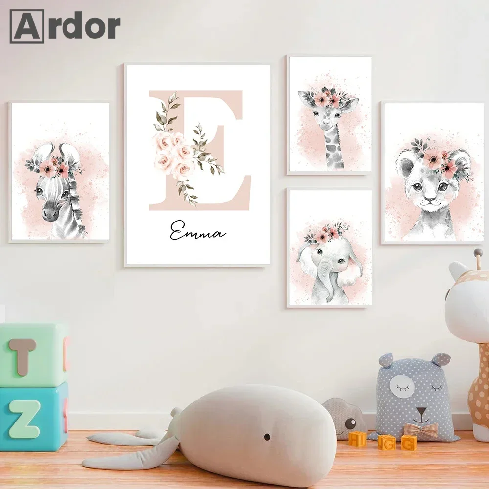 Nordic Custom Name Poster Personalized Animal Canvas Painting Pink Flower Lion Elephant Wall Art Picture Baby Girls Room Decor