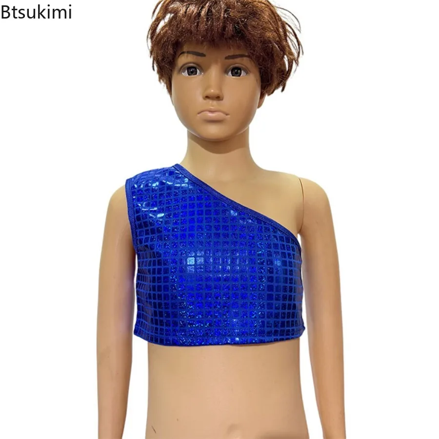 Kids Girls One Shoulder Metallic Plaid Vest Sleeveless Crop Tops for Jazz Hip Hop Street Dance Cheerleading Stage Performance