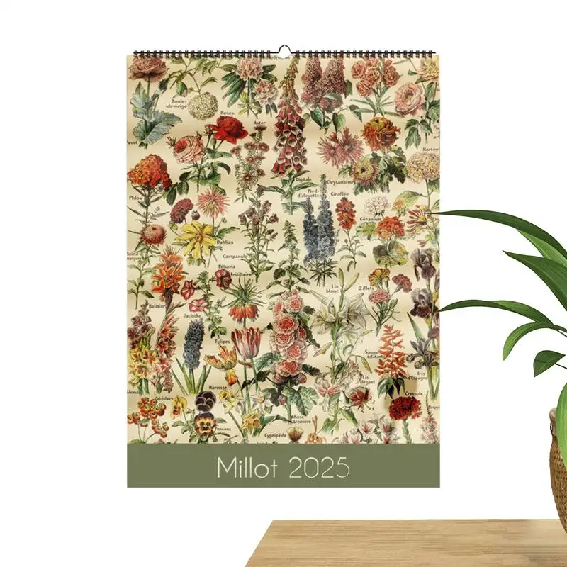 Blumen-Wandkalender 2025, Vintage-Kunstkalender, vertikaler Monatskalender, kreativer Monatskalender, zum Aufhängen an der Wand