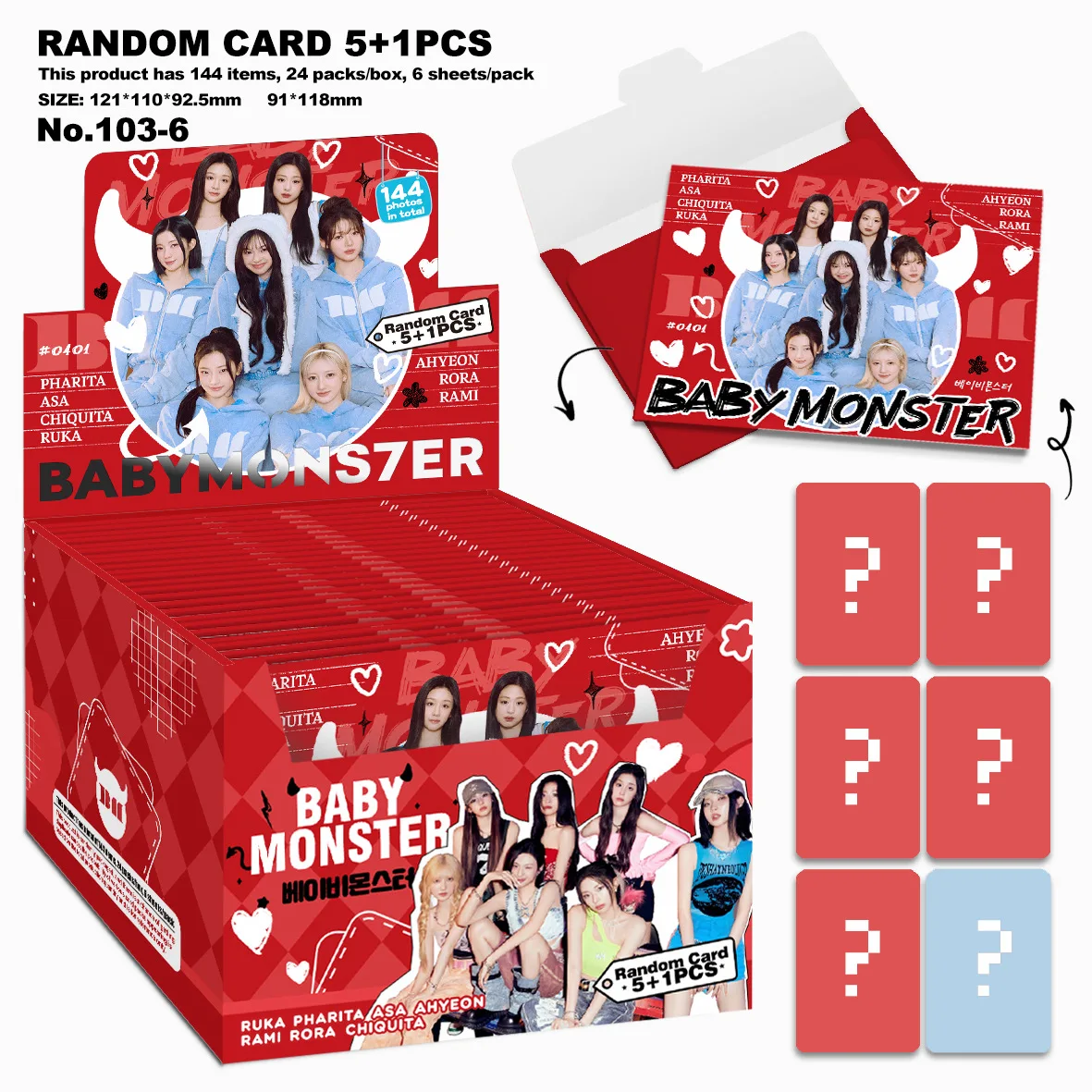 Atacado babymonster álbum colecionável cartões pequenos cartão aleatório 5 1 desenhar cartão envelope pacote cartão estrela lomo 144 cartões/caixa