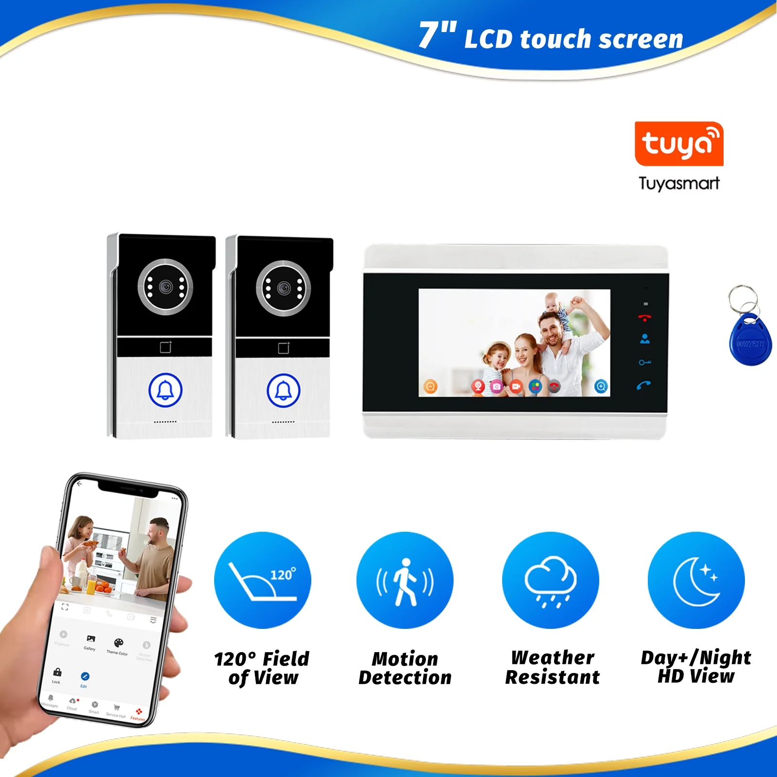 Tuya 2 Doorbells 1 Monitor Video Intercom System Kit, 1080p Cameras, 7'' Touchscreen, Sync Call, WiFi Smart Home