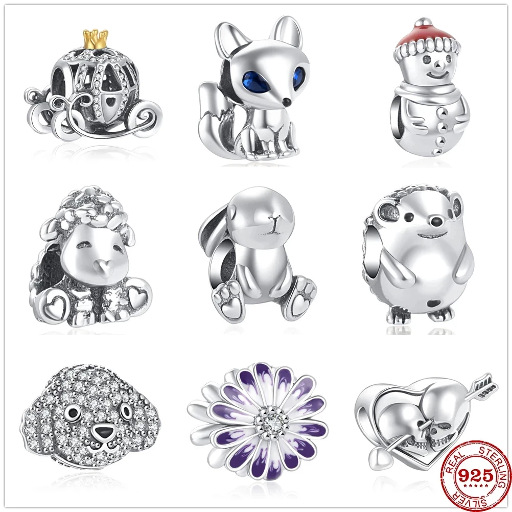 

New 925 Sterling Silver Cute Rabbit Sheep Dog Hedgehog Snowman Rose DIY fine beads Fit Original Pandora Charm Bracelet Jewelry