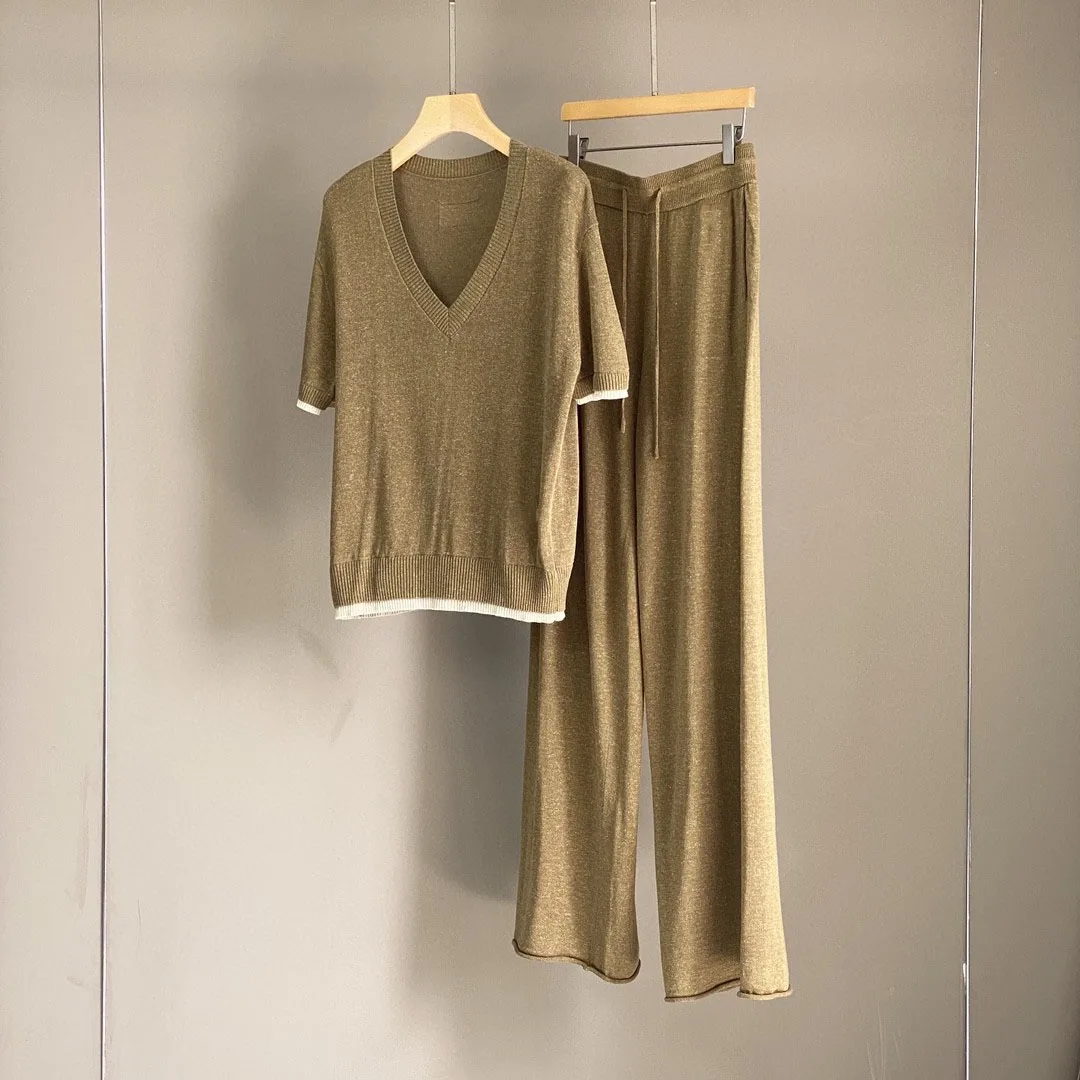

2025 Spring and Summer New Contrast Color V-Neck Linen Knitted Short Sleeve Top Casual All-match Straight Pants Suit Women