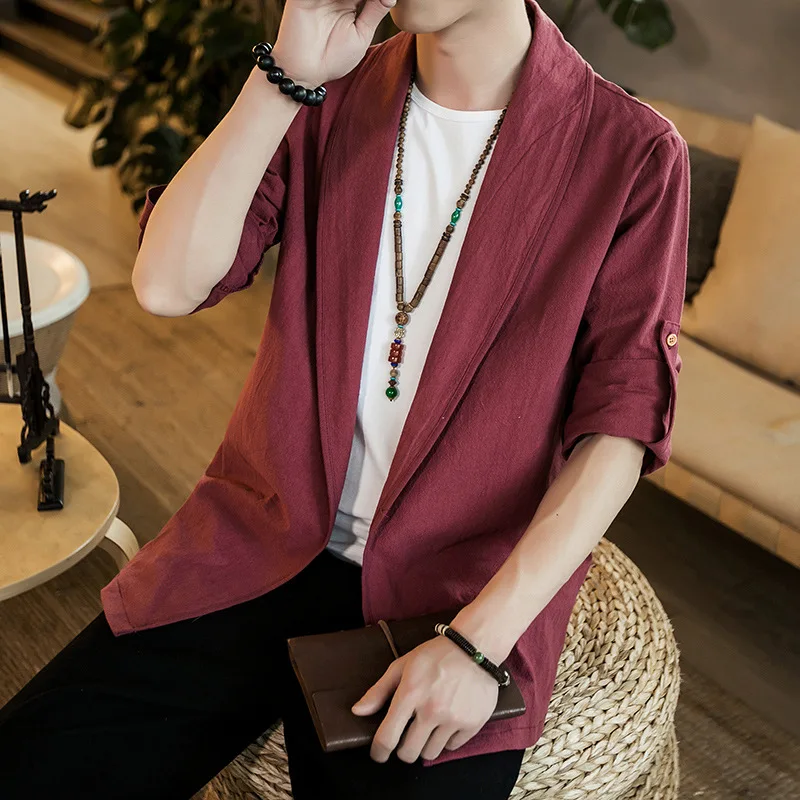 PLUS SIZE 5XL Men Kimono Cardigan Retro Japanese Tradition Samurai Clothing Shirt Loose Cotton Linen Blouse Kimono Yukata Haori