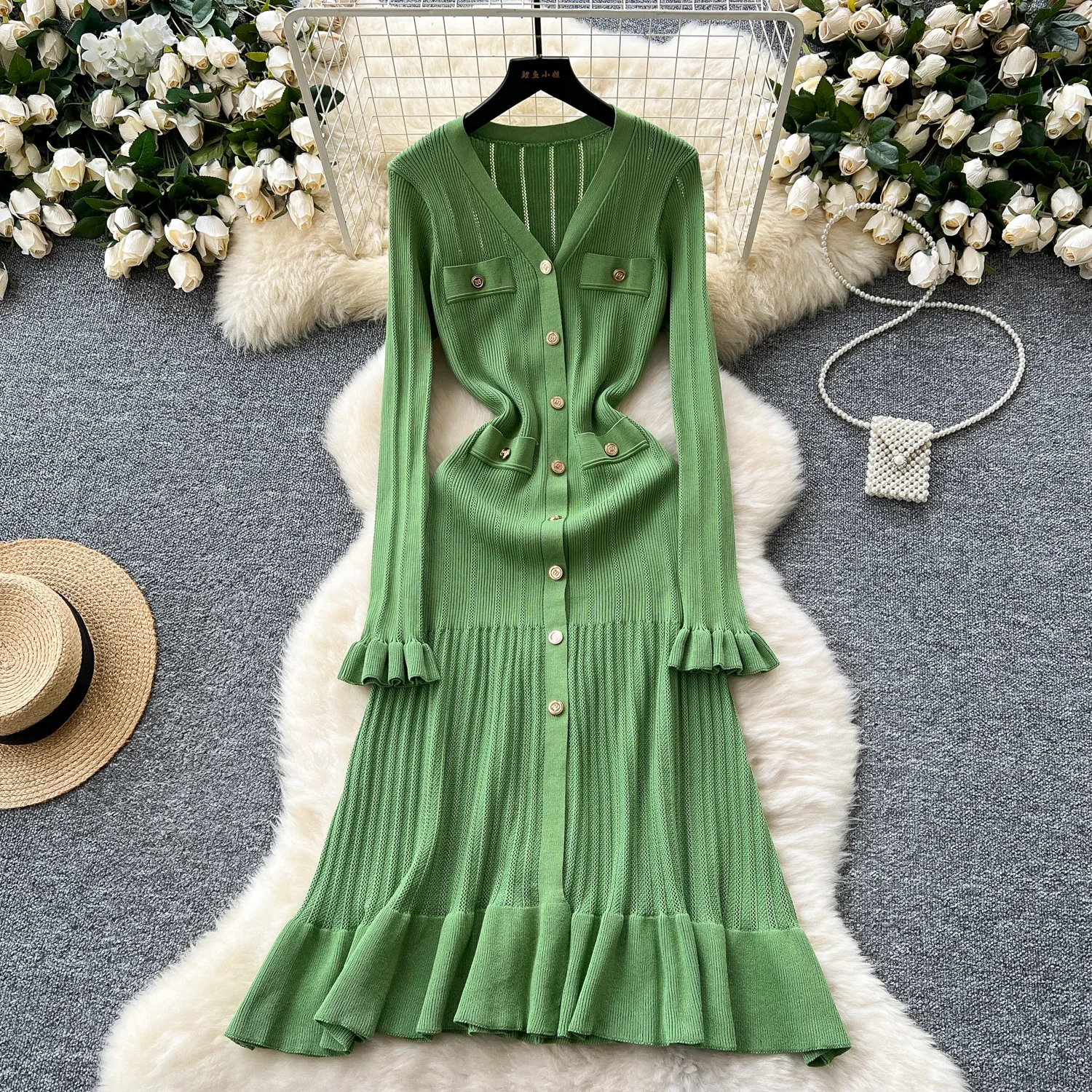 Sexy Chic Long Sleeve V Neck Ruffle Knit Dress Elegant Fashion Party Single Breasted Slim Autumn Dresses