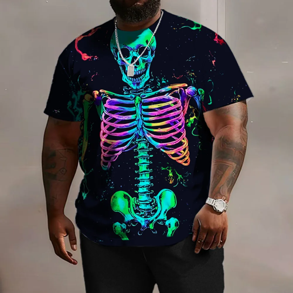 ชุดเสื้อแขนสั้นผู้ชายไซส์ใหญ่พิเศษ S-9XL: สไตล์ Skull-Edge - ชุด 2 ชิ้น ทรงใหญ่พิเศษ ผ้าเนื้อนุ่ม ลายหัวกะโหลกแบบดิสเทรสที่ดูเรียบหรู