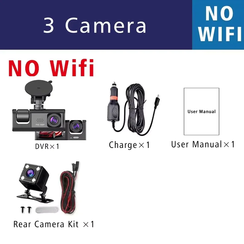 1080P 3-Kanal-Objektiv WLAN Dashcam Auto DVR Innenraumkamera Mini-Recorder Video-Registrator Dashcam Dreiwege-Videokamera
