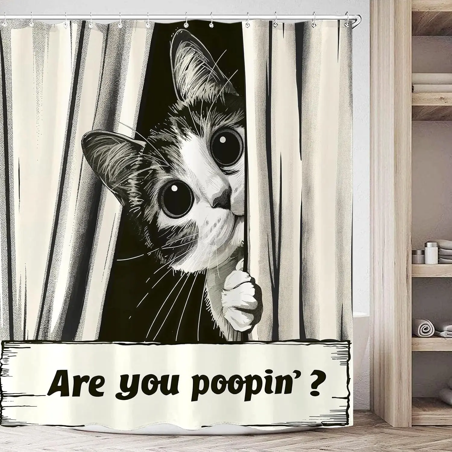 

Funny Cat Shower Curtain, are You Poopin' Curious Kitty Whimsical Joke Humor Themed, Shower Curtain Set with 12 Hooks for