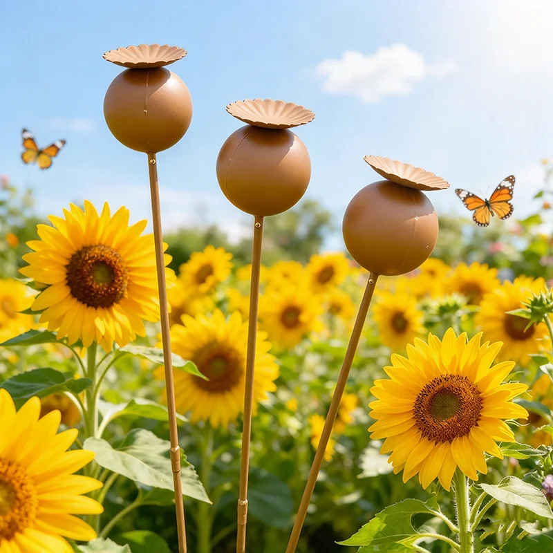 Rusty Metal Poppy Pod Garden Stakes Set Outdoor Yard Statue Decorative Plant Stakes for Patio Lawn Front Porch Ornament