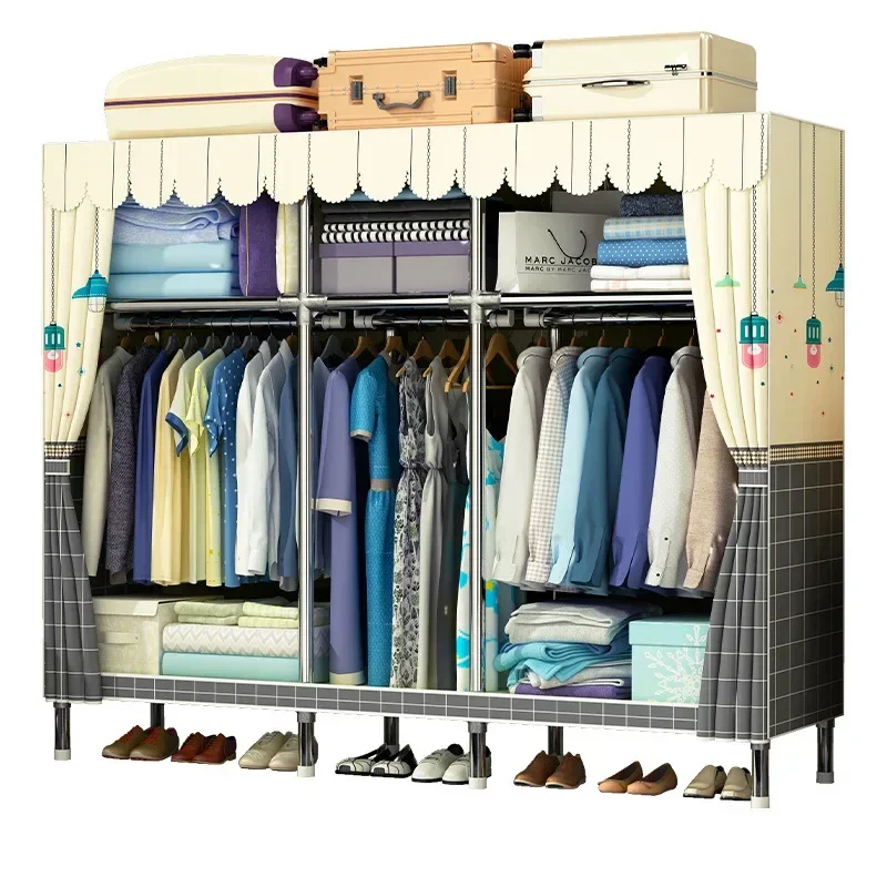 Simple wardrobe with thickened steel pipes and reinforced alloy interfaces. Cloth wardrobe with simple and economical assembly,