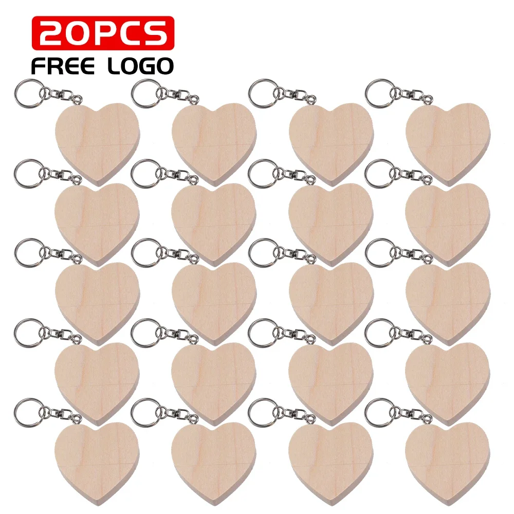 20PCS/LOT Maple Wood Heart USB Flash Drive Free Customized Logo 128GB Wooden Box Pen Drive Keychain Memory Stick Wedding Gift