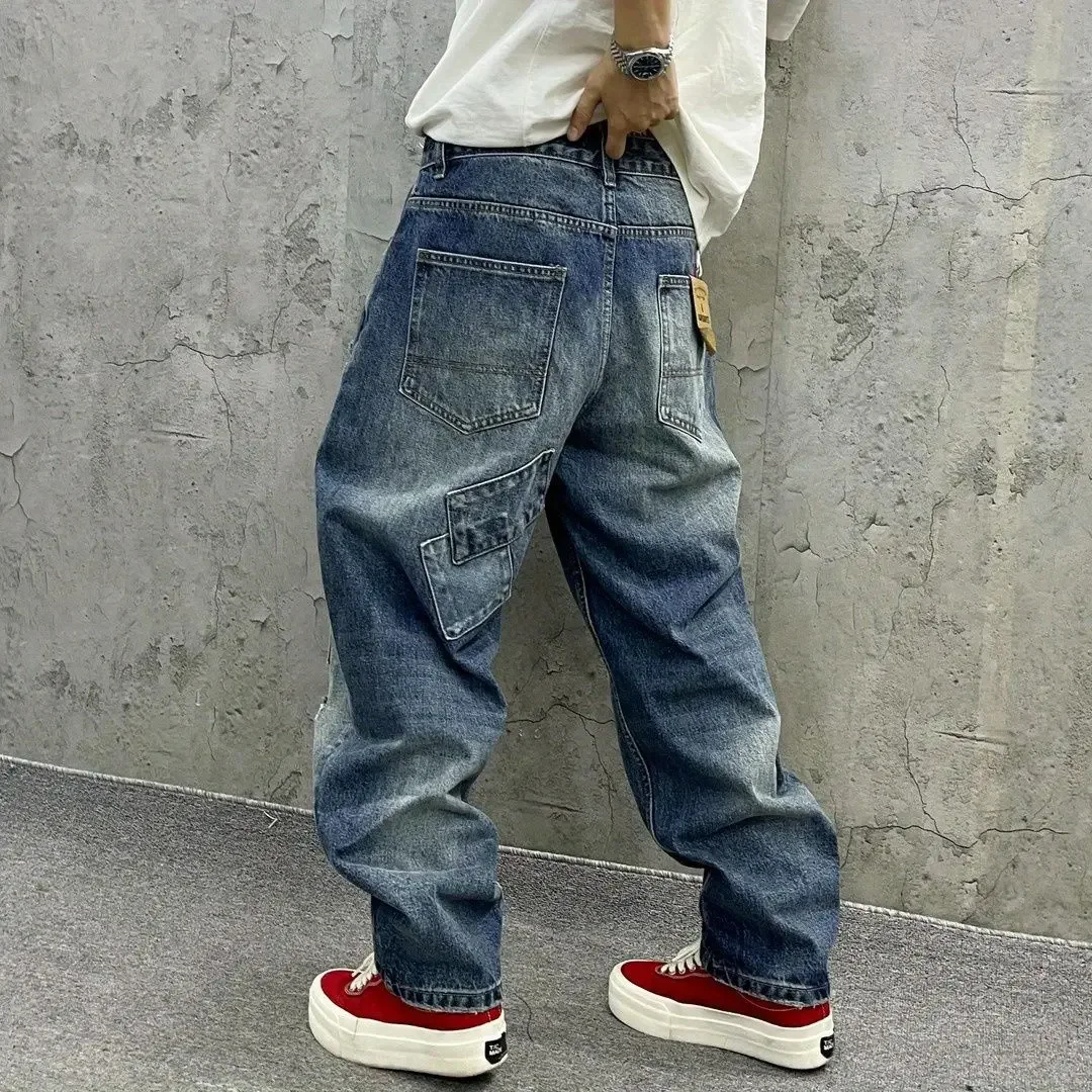Retro Wide Leg Loose Jeans For Men Block Patch Design Vintage Holes Pants New Trendy Young Boy Male Streetwear Bottoms