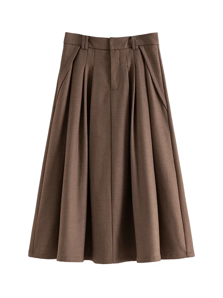 ZIQIAO Office Lady Winter New Thicken A-LINE Skirts Belt Decoration Pleated Design Female Brown Twill Mid-Length Solid Skirts