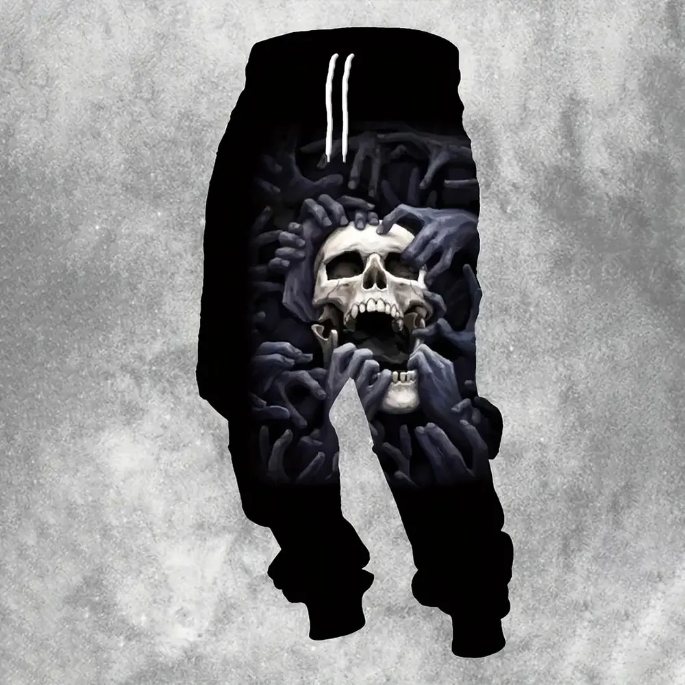 

Men's Loose Pocket Draw Rope Sports Sweatpants Winter New Thick Warm Sweatpants Fashion Skull And Hand Printed Sweatpants