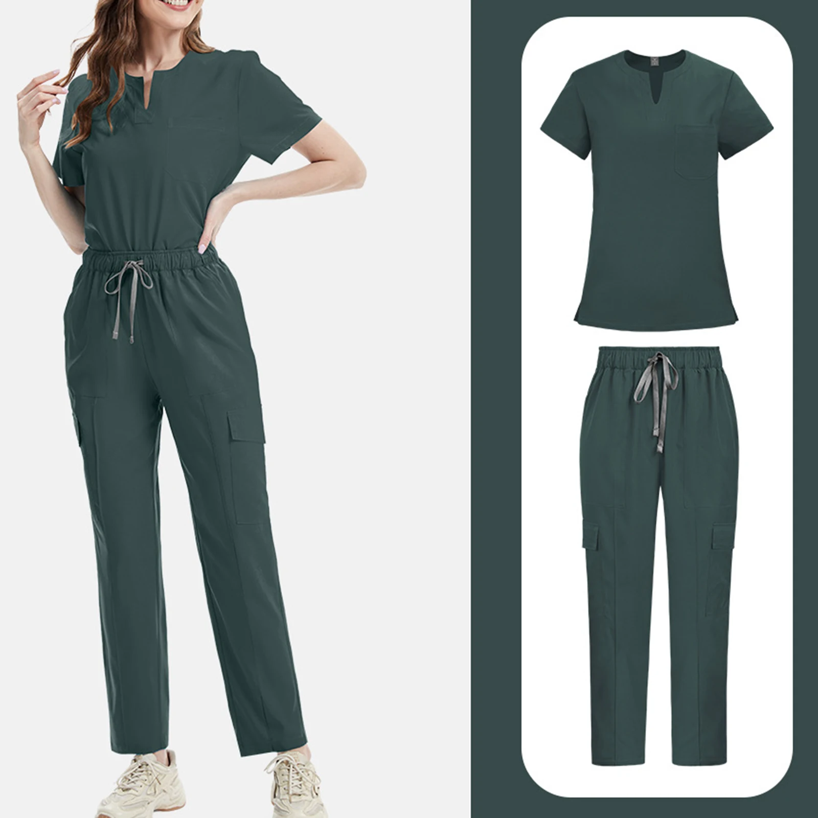 Conjunto esfoliante de enfermeira feminina, manga curta com vários bolsos, calças cargo, uniforme médico, roupa de trabalho de saúde, roupa profissional