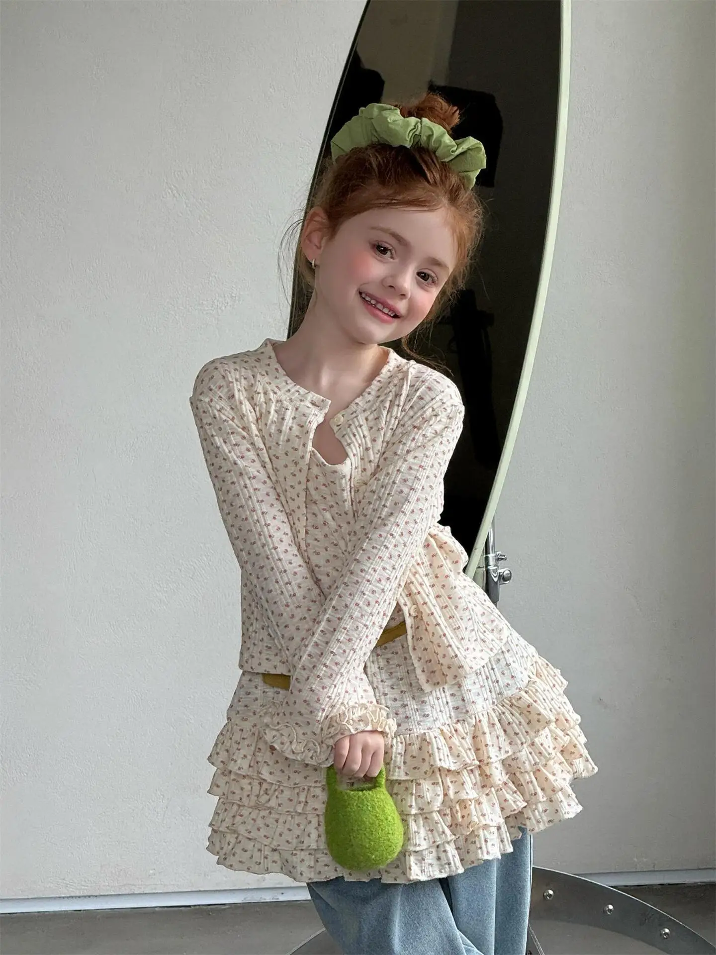 

Children Clothing Spring 2026 New Korean Style Girls Halter Top Long-sleeved Coat Flowers Fashionable Two Piece Set Top