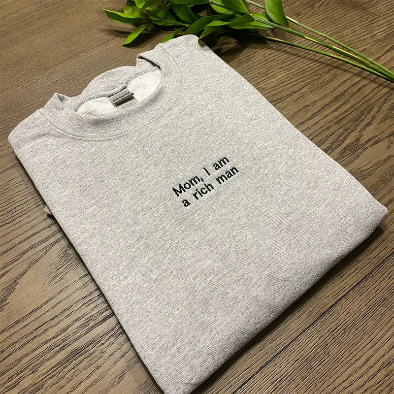 Mom I Am A Rich Man Letters Embroidery Gray Sweatshirts Long Sleeve Loose Cotton Thick Autumn Pullover Unisex Casual Sweaters