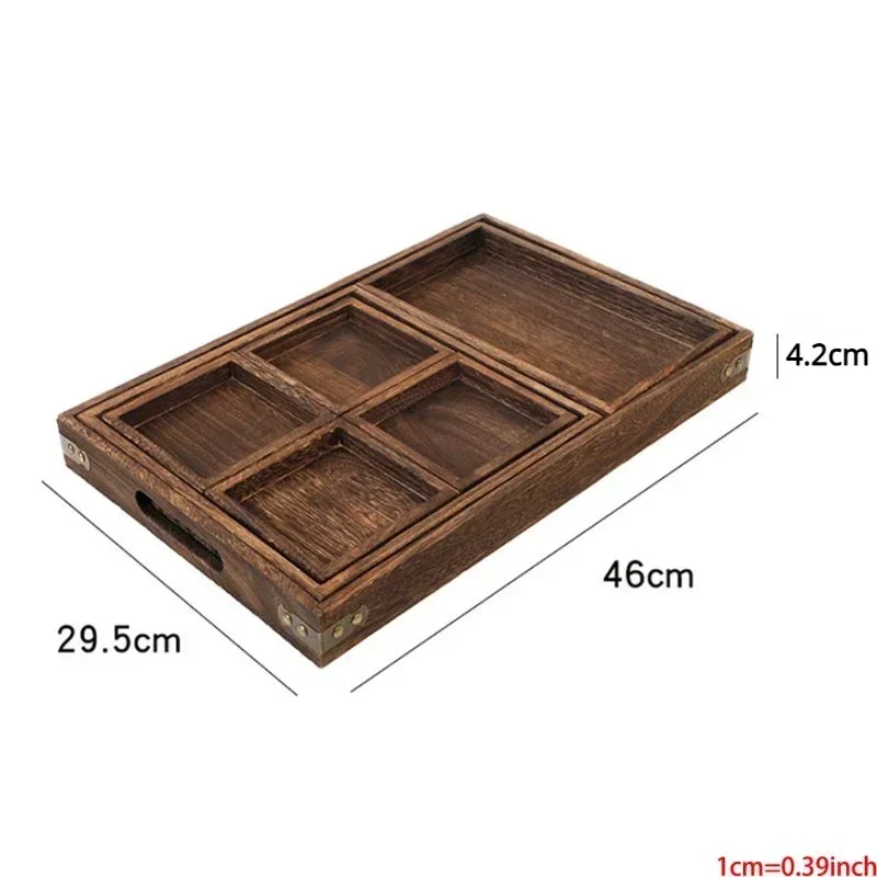 Solid Wood Tray for Brewing Tea In A Furnace Wooden Nested Tray Set Seven Piece Set of Burnt Tung Wood Antique TeaSet Split Tray