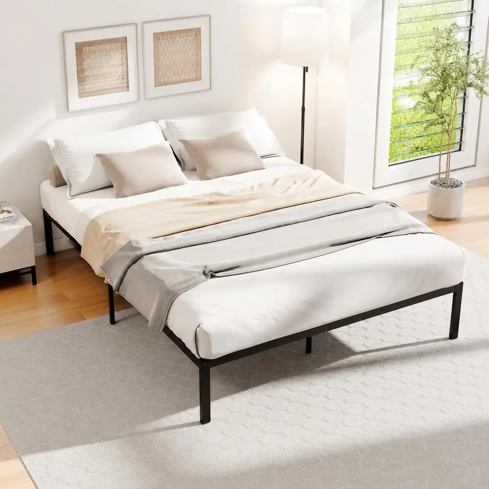 Cadre de lit métallique 1 cm, structure robuste en lattes d'acier avec liens en mousse amortissante, environnement de sommeil silencieux, support de matelas profond, montage facile sans sommier, minimaliste
