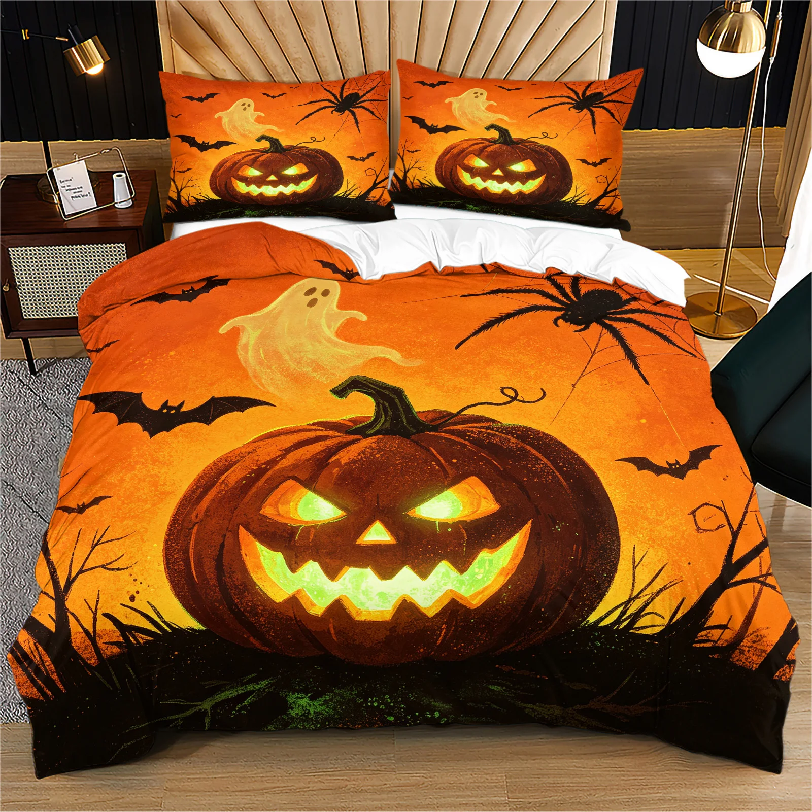 Halloween Scary Pumpkin Duvet‑Cover Set Spooky Ghost Spider Bat Print Bedding Set Polyester Quilt Cover With Pillowcase Holiday